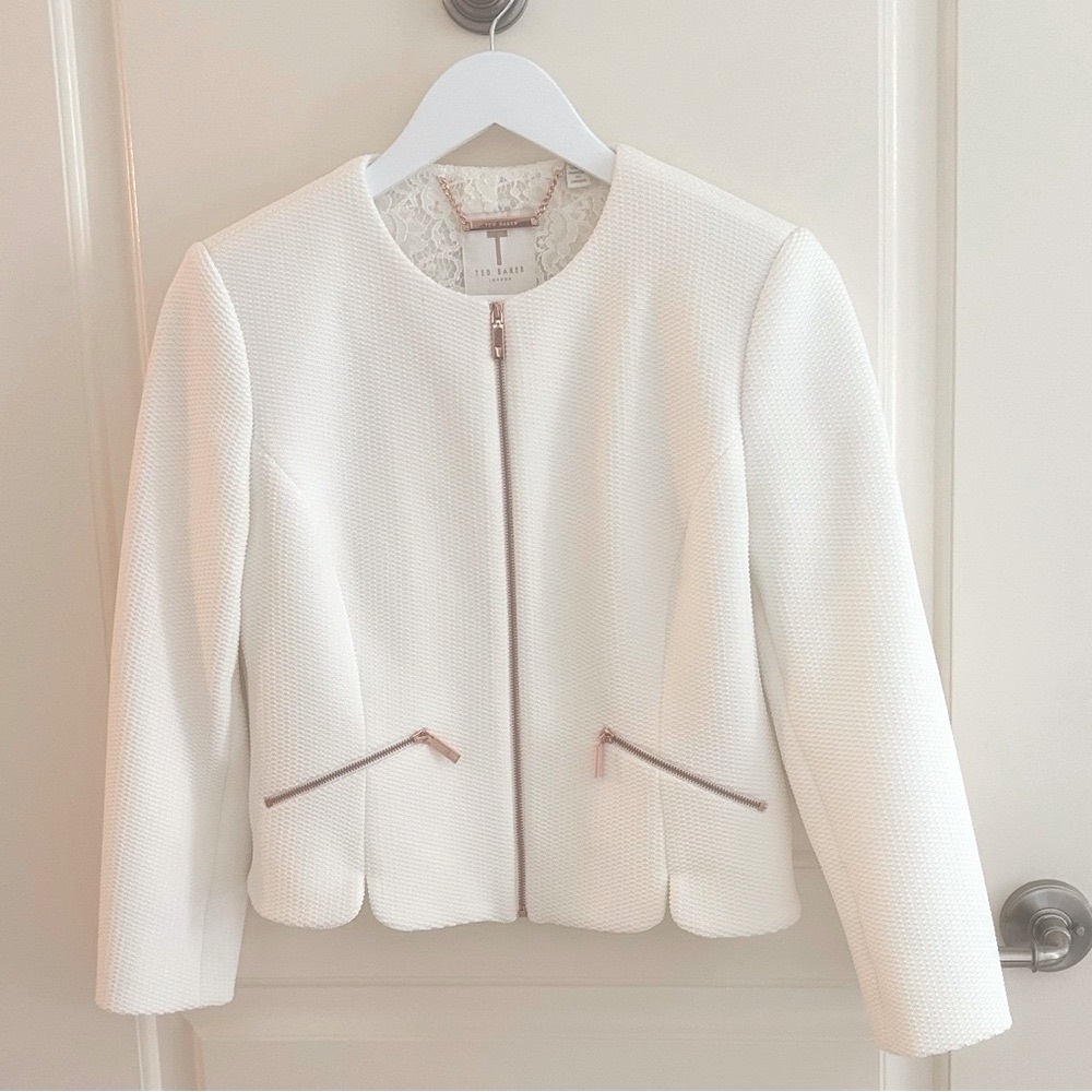 Ted Baker Ivory Textured, Lace-lined Women's Blazer with gold zips, UK2, NWOT